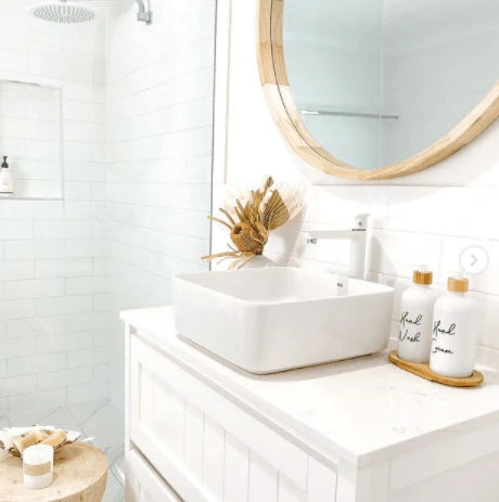 White Glass Pump Bottles with Bamboo Tray - 500ml