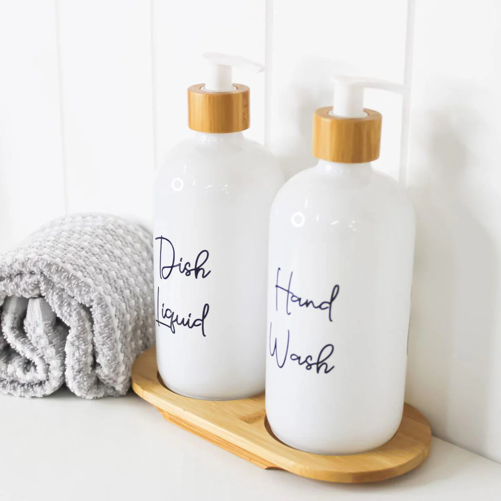 White Glass Pump Bottles with Bamboo Tray - 500ml