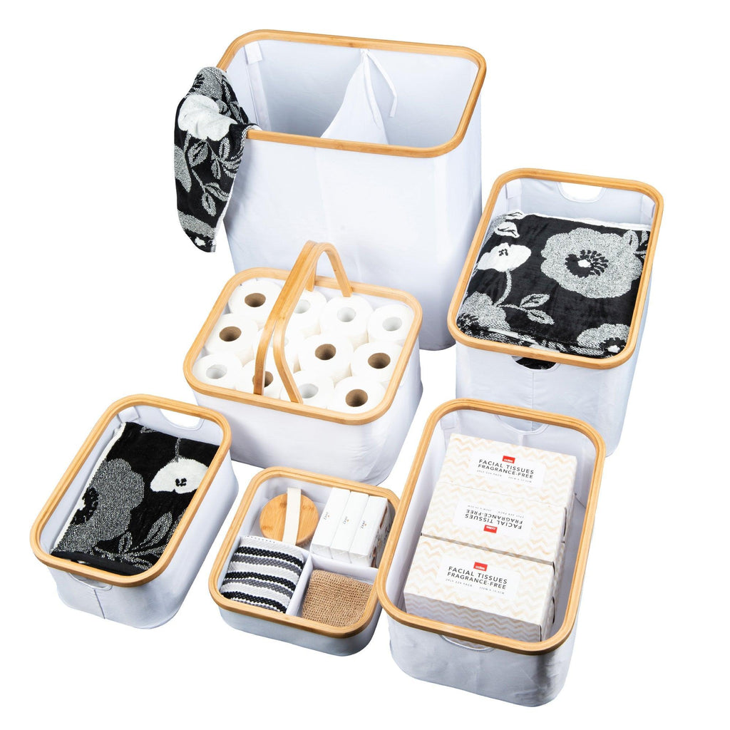 White Fabric Bamboo Linen Storage Basket with Dividers