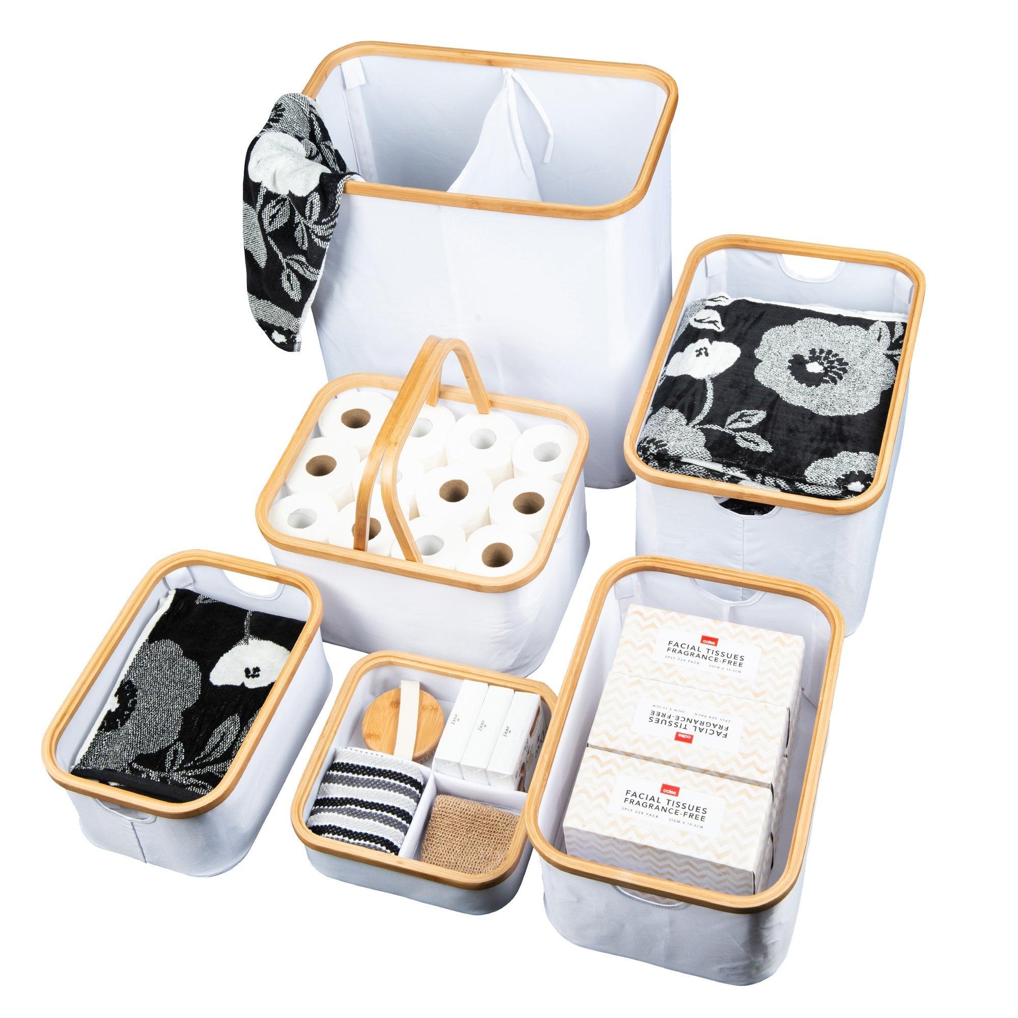 White Fabric Bamboo Linen Storage Basket with Dividers