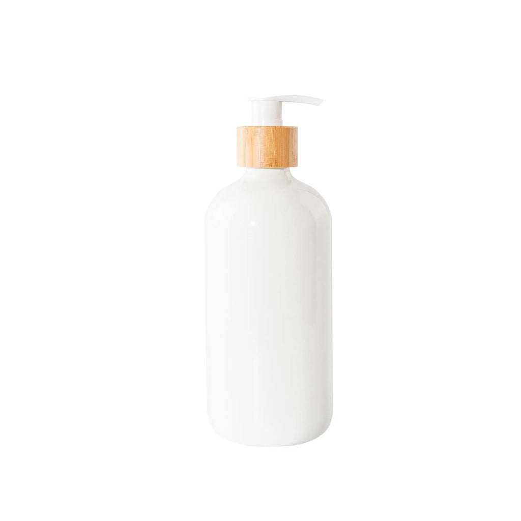 White Glass Pump Bottles with Bamboo Tray - 500ml